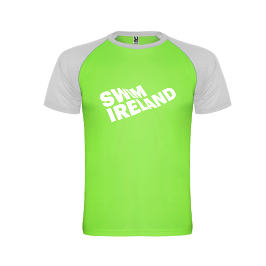 Green and white t-shirt with 'SWIM IRELAND' text on a white background